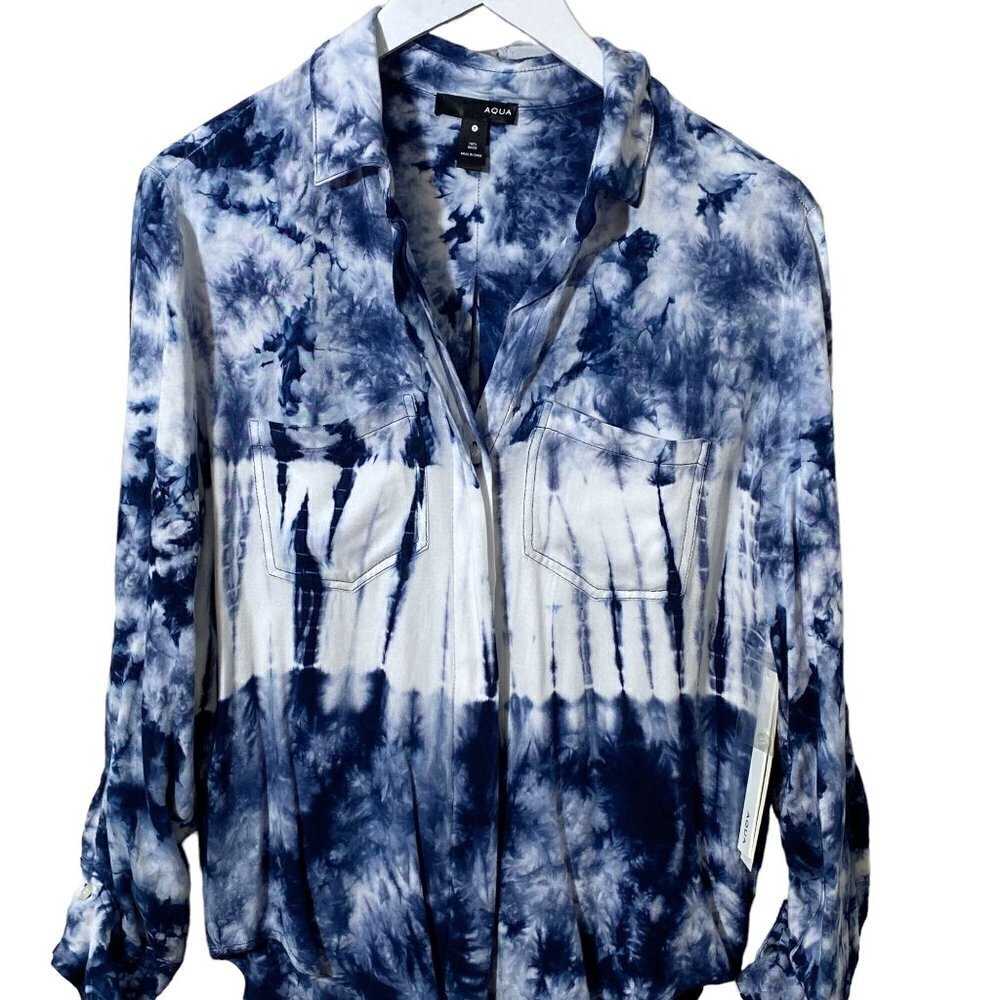 AQUA Tie Dye Shirt Small Blue Rayon Long Sleeve Button Up NWT Bloomingdales